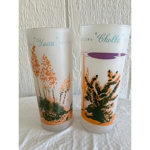 Vintage‎ Arizona Cactus Frosted Glasses Yucca Cholla Desert Scene Set